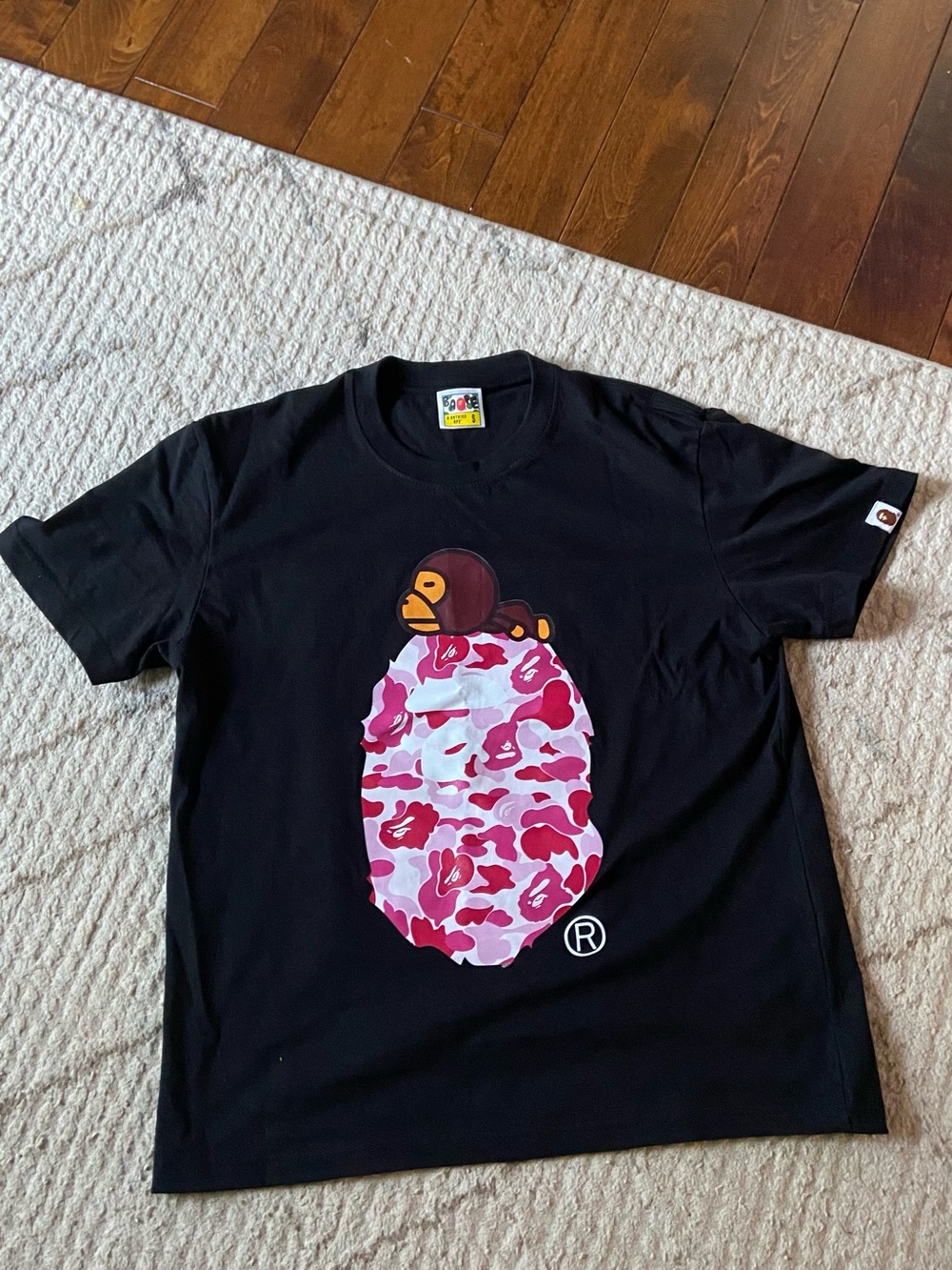 Bape Black Tee with Pink Camo Ape Head and Brown Ape Character